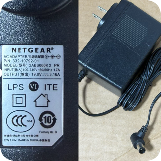 *Brand NEW*Netgear White-Label Power Adapter (Model 2ABS060K2PR) 19V 3.16A Right-Angle Connector Lar